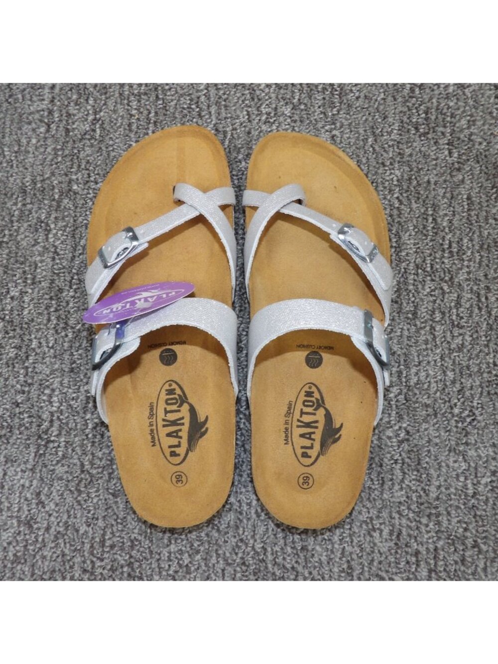 Plakton Women's Silver Leather Cork Footbed Sandals Size 8 EU 39 Adjustable Stra